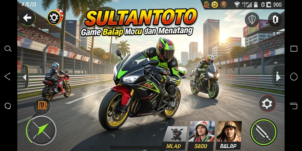 Antarmuka permainan SULTANTOTO yang penuh aksi balap motor.